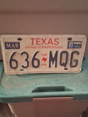 Vintage Texas Sesquicentennial License Plate - White, Red, Blue